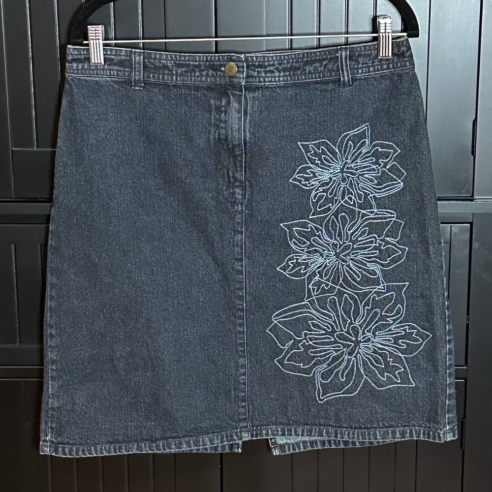 NY Jeans‎ Denim Skirt Size 12 Floral Embroidery Midi Y2K Cottagecore Floral